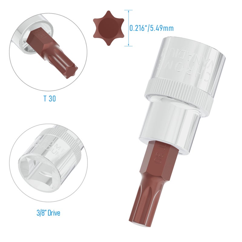 FOCMKEAS 3PCS 3/8"" Drive T30 Torx Bit Socket  S2 Steel Bits  Heat Treated CR-V Steel Star Sockets 1.9"" Length - Image 2
